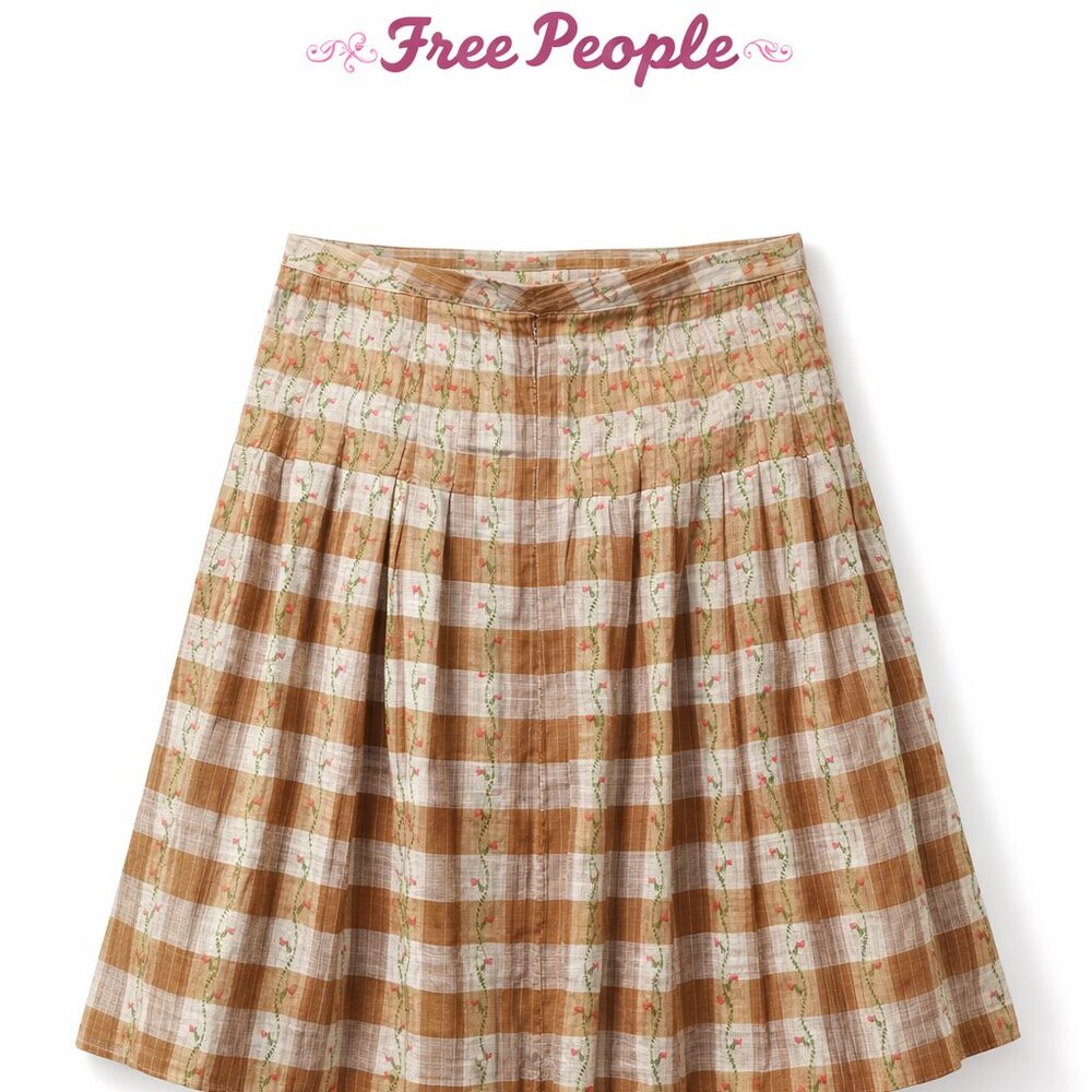 Free People Pleated Plaid Skirt Size 12 Floral Embroidered Cotton Boho Cottageco